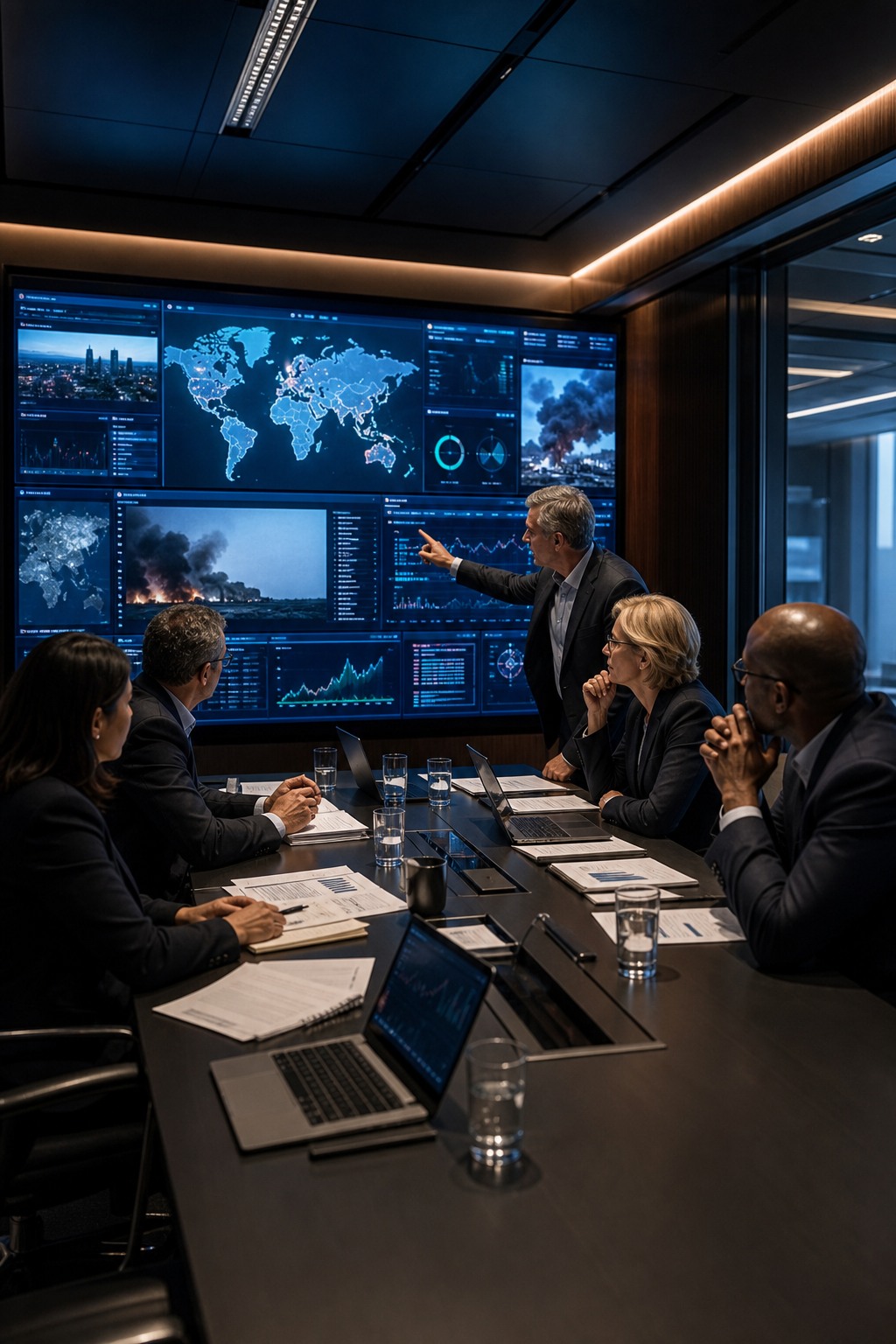 Leadership team in a crisis simulation situation room with live intelligence screens